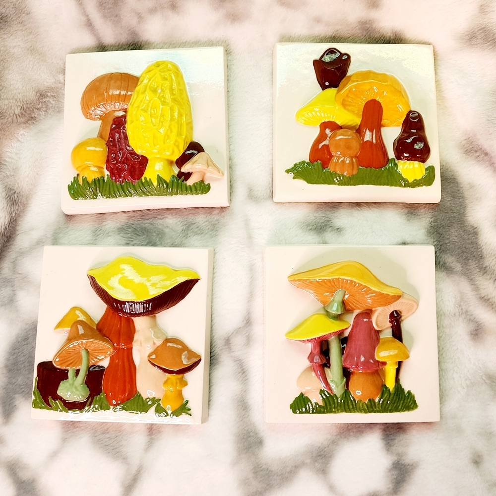 Set of 4 vintage hand painted ceramic mushroom plaques